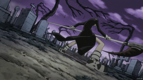 a cartoon of a woman holding a scythe in a graveyard