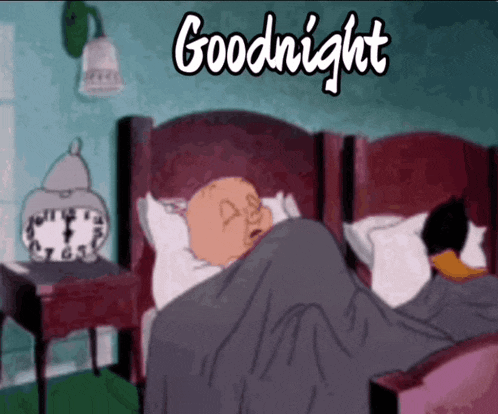 a cartoon of a man sleeping in a bed with the words goodnight on the bottom