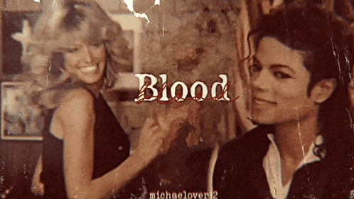 a man and a woman are standing next to each other and the word blood is visible