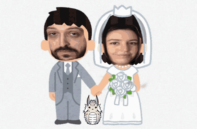 a cartoon of a bride and groom holding hands with a dog between them