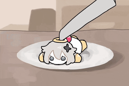 a cartoon of a person laying on a plate with a knife sticking out of their head