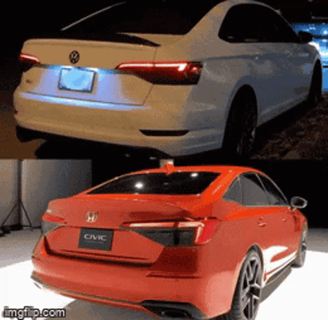 a white honda civic and a red honda civic are shown side by side