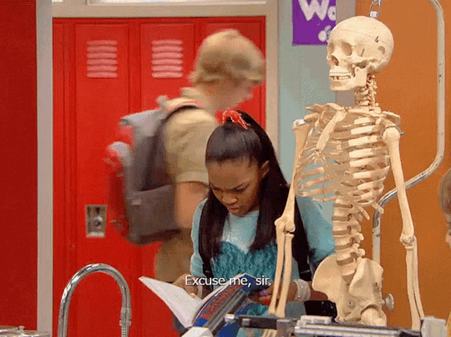 a girl stands next to a skeleton and says excuse me sir