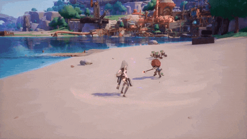 a video game is being played on a beach with a building in the background that says ' tower '