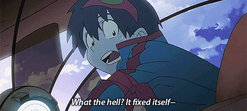 a cartoon character is saying what the hell ? it fixed itself .