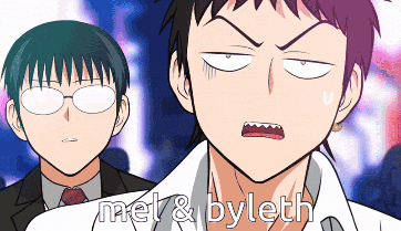 two anime characters are standing next to each other with the words met & byleth on the bottom right
