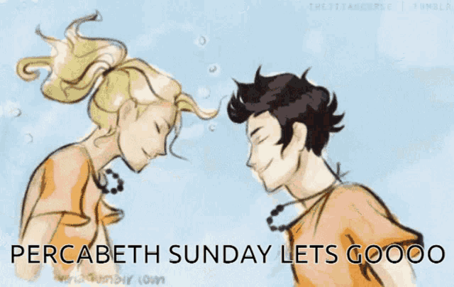 a drawing of a man and woman kissing with the words percabeth sunday lets goooo