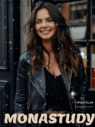 a woman in a black leather jacket is smiling and the word monastudy is visible