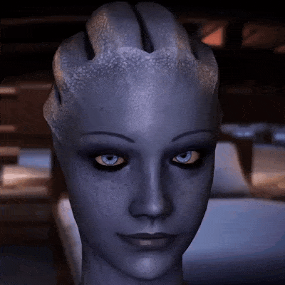 a close up of a woman 's face with blue eyes and a gray head