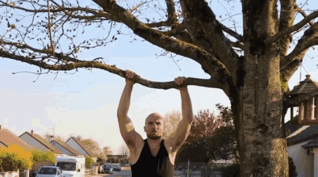 a man is hanging from a tree branch with his arms outstretched