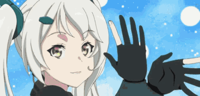 a girl with white hair and black gloves is making a peace sign
