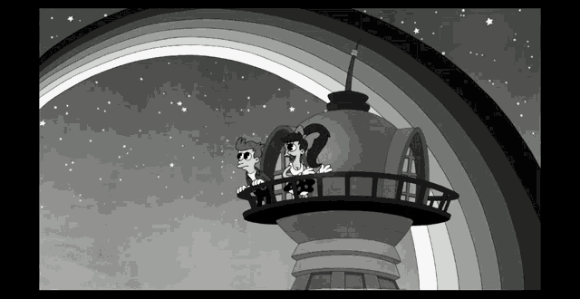 a black and white cartoon of a man and woman on a balcony with a rainbow behind them