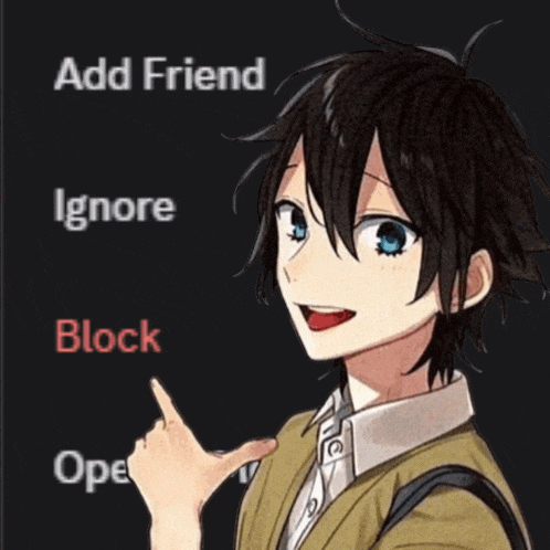 a picture of a boy with the words add friend ignore block and open on it