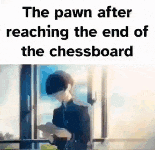 the pawn after reaching the end of the chessboard is a man reading a book .