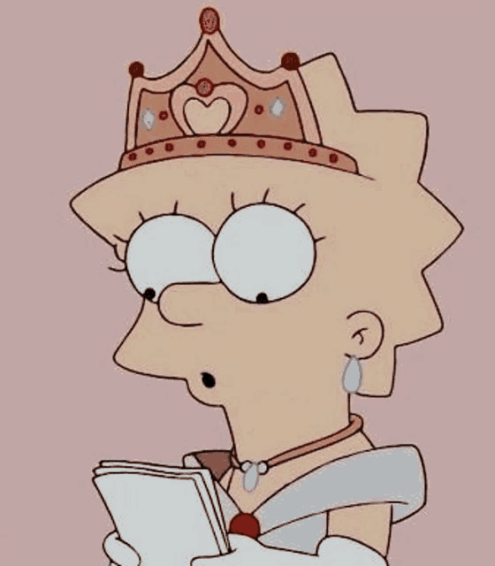 a cartoon of lisa simpson wearing a crown and holding a book .