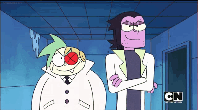 two cartoon characters standing next to each other with cn on the bottom