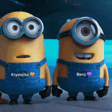 a couple of minions standing next to each other with krystalita and bero on their shirts