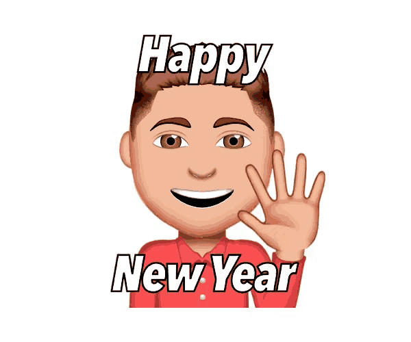 a happy new year greeting with a cartoon man