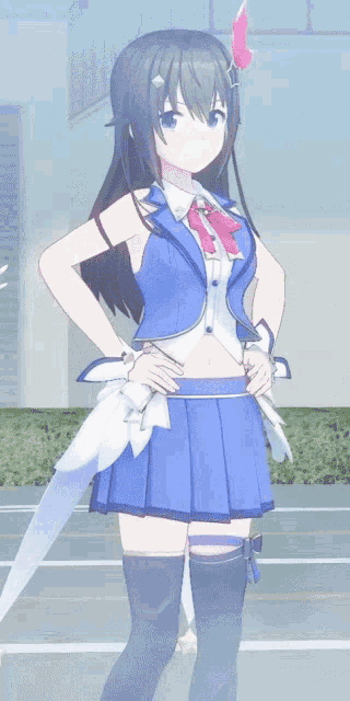 a girl in a blue and white outfit with a pink flower in her hair