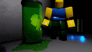 a roblox character is standing next to a green recycling bin