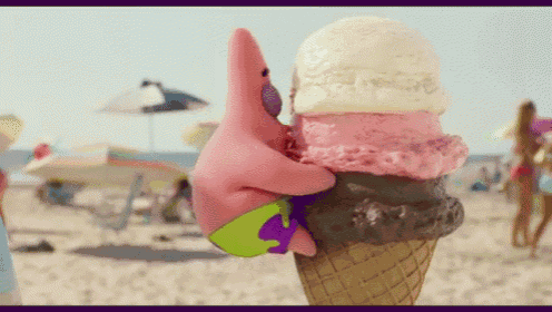 patrick star is holding a stack of ice cream cones