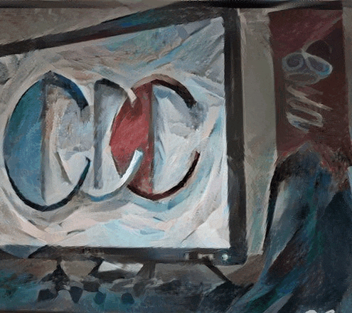a painting of a computer monitor with the letter cc on it