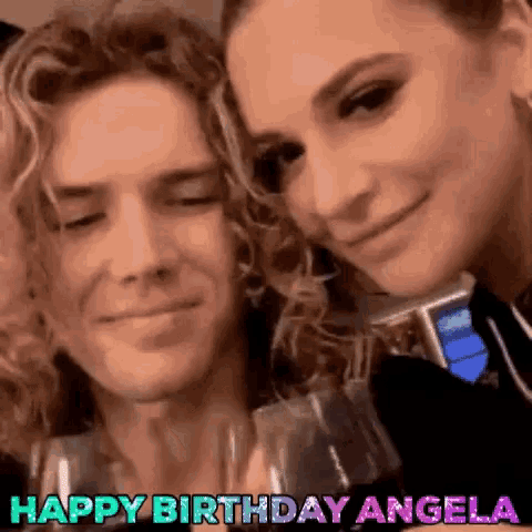 a man and a woman are posing for a picture and the words happy birthday angela are visible