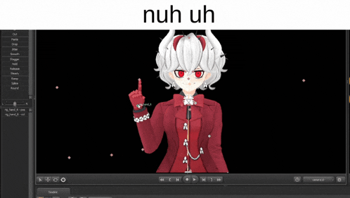 a computer screen shows a girl with horns and the words nuh uh below her