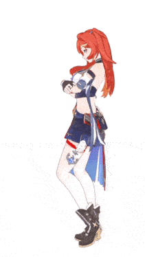 a girl with red hair is holding a gun in her right hand