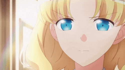 a girl with blonde hair and blue eyes is looking at the camera