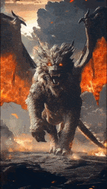 a lion with wings and red eyes is standing in the middle of a fire filled field .
