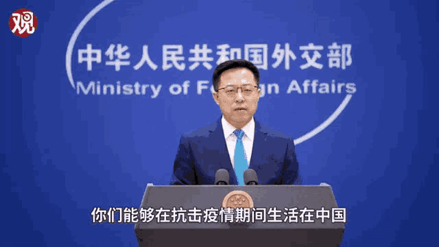 a man in a suit and tie stands at a podium in front of a ministry of foreign affairs sign