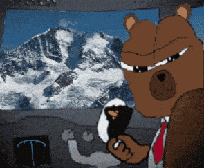 a cartoon bear is holding a steering wheel in front of a snowy mountain