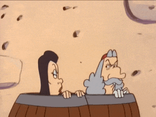 a cartoon of a man and a woman in a wooden barrel