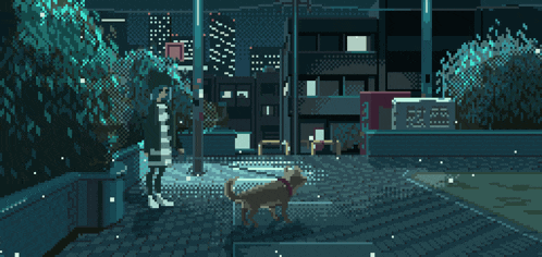 a pixel art of a person walking a dog in a park