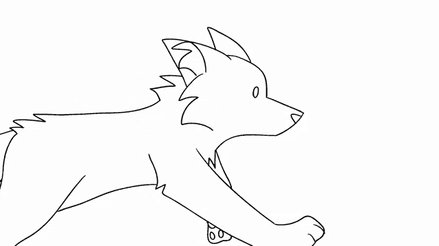 a black and white drawing of a dog running on a white background .
