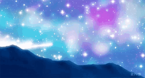 a painting of a galaxy with mountains in the background
