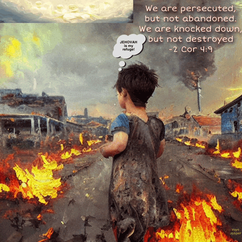 a painting of a boy with a speech bubble that says " jehovah is my refuge ! "