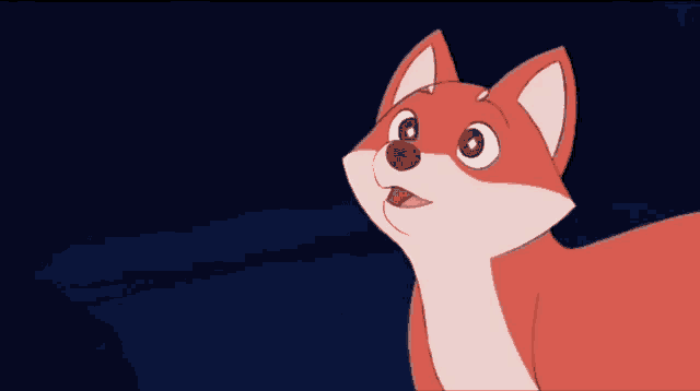 a cartoon fox is looking up at something in the dark