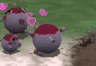 a group of cartoon characters with hearts surrounding them