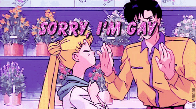a man and a woman are standing next to each other with the words sorry i 'm gay written on the bottom