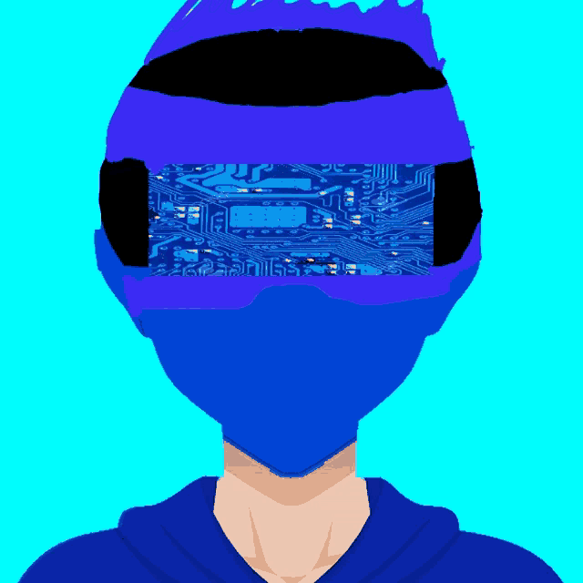 a drawing of a person wearing a blue mask with a circuit board on it