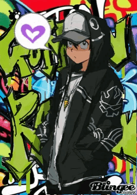 a drawing of a boy wearing a hooded jacket and a baseball cap with a heart in a speech bubble