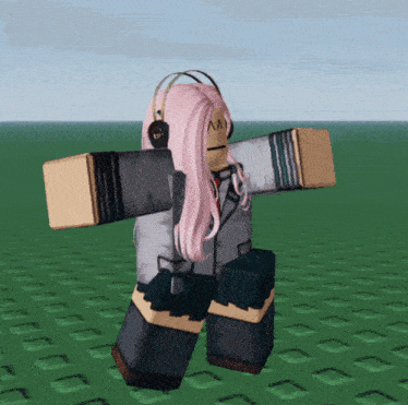 a cartoon character with pink hair and headphones is walking on a green field