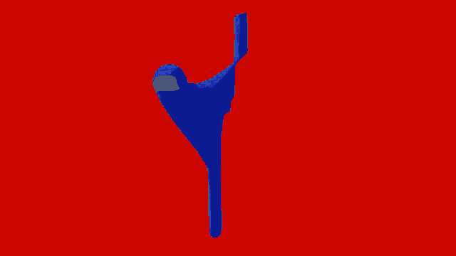 a blue object with a red background is hanging upside down