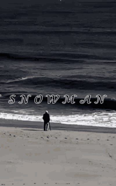 a man is standing on a beach with the words snowman written above him