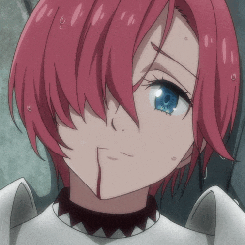 a girl with pink hair and blue eyes has a bloody face
