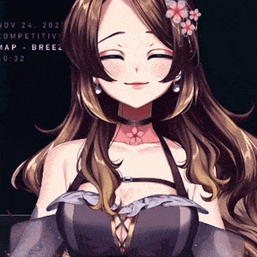 a girl with a flower in her hair is smiling in front of a black background with the date nov 24 2021