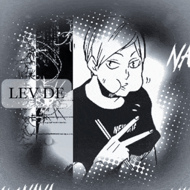 a black and white drawing of a man with the name lev de