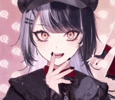 a girl with long black hair and red eyes is wearing a hat and a black jacket .